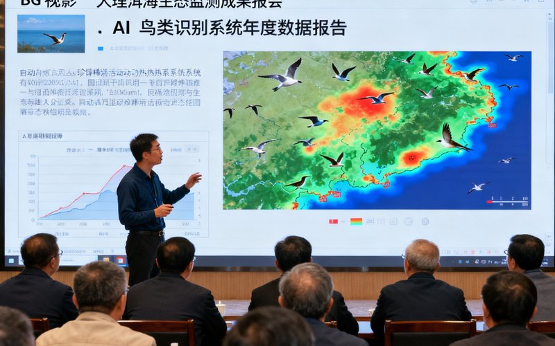 大理洱海生态监测成果汇报会现场，BG视讯工程师正在向专家组展示AI鸟类识别系统的年度数据报告，大屏幕上播放着系统自动标注的珍稀鸟类活动热力图