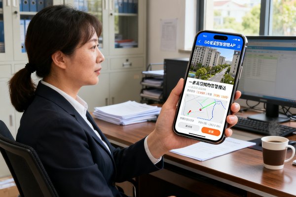 苏州工业园区某社区物业经理李女士在办公室内查看BG视讯安防管理APP，手机屏幕上显示着一条高空抛物告警推送，包含抛物轨迹截图与精确到秒的时间信息