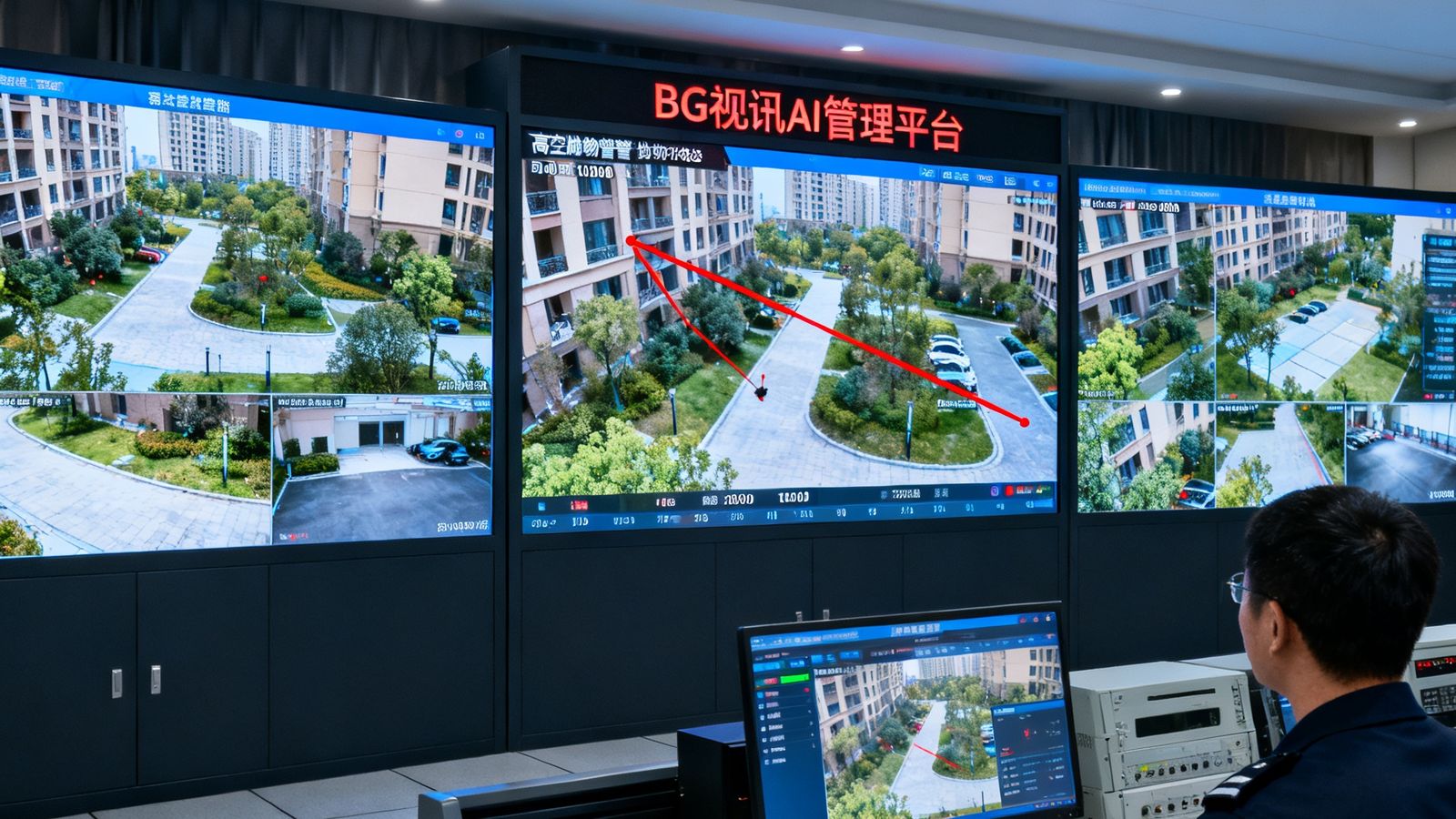 苏州工业园区某智慧社区的监控中心内部，三块大屏拼接显示小区各角落实时画面，一名安保人员正通过BG视讯AI管理平台查看高空抛物告警信息，屏幕上清晰可见抛物轨迹红色标注线与时间戳
